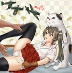  1girl a6m_zero aircraft brown_hair cat fingerless_gloves gloves graphite_(medium) hair_ribbon highres japanese_clothes kantai_collection leaf long_hair lying on_back open_mouth panties partly_fingerless_gloves ribbon side-tie_panties skirt sweat thighhighs thighs traditional_media translation_request twintails underwear yellow_eyes yugake zuikaku_(kantai_collection) 