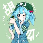  &gt;_o 1girl armband bangs blue_eyes blue_hair blue_jumpsuit commentary cucumber eyebrows_visible_through_hair food green_headwear hand_on_hip holding holding_food jakomurashi kawashiro_nitori one_eye_closed pinky_out smile solo sparkle touhou twintails upper_body 