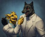  2013 5_fingers anthro black_fur black_nose black_tie_(suit) canid canine canis clothing digital_media_(artwork) duo eating fingers fur katie_hofgard kobold male mammal open_mouth red_eyes suit teeth tongue wolf 