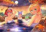  &lt;o&gt;_&lt;o&gt; 4girls akizora_yuzu animal_ear_fluff animal_ears autumn_leaves back bangs bathing blonde_hair breast_envy breasts cat_ears cat_girl cleavage closed_eyes closed_mouth dog_ears dog_girl eyebrows_visible_through_hair fox_ears fox_girl full_moon fuyubare_kiyo green_eyes green_hair hair_between_eyes hair_up harukaze_sui highres kyu_(wein-seria) large_breasts long_hair looking_at_another looking_at_viewer looking_back moon multiple_girls naked_towel natsubi_aya night onsen open_mouth original purple_hair raccoon_ears raccoon_girl red_hair rock short_hair smile steam towel towel_on_head water wet white_towel 