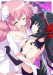  2girls absurdres akemi_homura akuma_homura bangs black_hair breasts closed_eyes collarbone dress gloves highres hiyama_yuki hug kaname_madoka long_hair mahou_shoujo_madoka_magica multiple_girls open_mouth pink_hair purple_eyes smile twintails ultimate_madoka very_long_hair wings yuri 