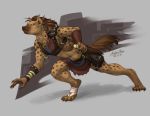 amber-aria armor clothed clothing digital_media_(artwork) dungeons_and_dragons female fur gnoll hair holding_object hyaenid mammal melee_weapon simple_background solo spotted_hyena standing sword weapon 