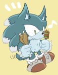  blue_fur clothing eating eulipotyphlan fangs food footwear fur green_eyes holding_food holding_object kebab male mammal meat musical_note shoes sikai simple_background solo sonic_(series) sonic_the_werehog tailwag were wereeulipotyphlan werehog white_fur yellow_background 