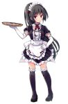  1girl alternate_costume alternate_hairstyle apron black_dress black_hair black_legwear dress elbow_gloves fish frilled_apron frilled_dress frilled_legwear frills full_body gloves isokaze_(kantai_collection) kantai_collection long_hair looking_at_viewer maid maid_headdress odawara_hakone ponytail red_eyes saury simple_background smile solo thighhighs tray waist_apron waitress white_apron white_background white_gloves 