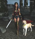  3d_(artwork) armor breasts canid canine canis cape clothing digital_media_(artwork) domestic_dog duo female feral hair hi_res holding_object holding_sword holding_weapon human krypto lips mammal melee_weapon outside shield standing sword weapon wonder_woman xnassyx 