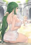  2girls :3 absurdres adjusting_hair ass bare_shoulders blonde_hair blurry blurry_background blush breasts cleavage closed_eyes from_behind green_eyes green_hair hand_behind_head highres huge_filesize j@ck kid_icarus kid_icarus_uprising large_breasts long_hair looking_at_another multiple_girls nachure naked_towel onsen paid_reward palutena partially_submerged patreon_reward plant relaxing sideboob sitting smile steam sunlight thighs towel towel_on_head very_long_hair water wet wet_hair white_towel 