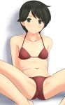  1girl absurdres bikini black_eyes black_hair collarbone flat_chest highres kantai_collection looking_at_viewer mogami_(kantai_collection) navel red_bikini shadow short_hair simple_background sitting smile solo spread_legs swimsuit takafumi white_background 