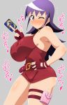  1girl ;) alternate_breast_size armpit_crease bangs bare_shoulders belt blush breasts card choker closed_mouth covered_nipples curvy dress duel_masters fingerless_gloves gloves highres holding holding_card jewelry kani_club large_breasts long_hair looking_at_viewer one_eye_closed plump purple_eyes purple_hair smile solo tasogare_mimi 