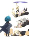  2boys 2girls black_bow black_hairband black_legwear blonde_hair blue_hair bow brother_and_sister byleth_(fire_emblem) byleth_(fire_emblem)_(male) circlet corrin_(fire_emblem) corrin_(fire_emblem)_(female) cosplay elise_(fire_emblem) fire_emblem fire_emblem:_three_houses fire_emblem_fates garreg_mach_monastery_uniform gloves hair_bow hairband long_hair long_sleeves manakete multicolored_hair multiple_boys multiple_girls open_mouth pointy_ears purple_eyes purple_hair red_eyes robaco short_hair siblings simple_background twintails uniform white_background white_gloves white_hair xander_(fire_emblem) 