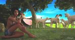  3d_(artwork) 5_toes ambiguous_gender anklet areola barefoot bovid bracelet braided_hair breasts caprine clothing digital_media_(artwork) feet female feral group hair horn human humanoid_feet jewelry lips mammal necklace nipples outside overalls sheep sitting toes tree xnassyx 