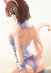  1girl animal_ears ass bangs bare_shoulders breasts brown_hair bustier cat_ears cat_tail commentary_request eyebrows_visible_through_hair fake_animal_ears fake_tail from_behind green_eyes grey_background grey_panties highres idolmaster idolmaster_cinderella_girls kibihimi looking_at_viewer looking_back maekawa_miku medium_breasts panties short_hair sitting skindentation solo tail underwear underwear_only wrist_cuffs 