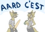  aardwolf anneke_(weaver) baguette bread clothed clothing food hat headgear headwear hyaenid mammal pack_street suggestive suggestive_food text tongue tongue_out visiti wine_bottle wolter_(weaver) 