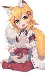  absurd_res animal_humanoid apron bangs blonde_hair blush brown_eyes canid canid_humanoid canine canine_humanoid clothing female flower fox_humanoid hair hair_between_eyes hakama hi_res humanoid japanese_clothing kimono looking_at_viewer mammal mammal_humanoid open_mouth plant senko-san sewayaki_kitsune_no_senko-san simple_background smile solo wagashi928 white_background 