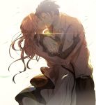  1boy 1girl black_hair blonde_hair blue_jacket braid brooch closed_eyes collared_shirt dress_shirt elbow_gloves gilbert_bougainvillea gloves hair_intakes hug jacket jewelry long_hair pants red_ribbon ribbon scar shine shirt short_hair shou_(sisimai-r) skirt smile violet_evergarden violet_evergarden_(character) white_neckwear white_shirt white_skirt 