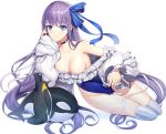  animal aqua_eyes armor blush bow breasts choker cleavage fate/grand_order fate_(series) long_hair meltlilith_(fate) penguin purple_hair ribbons ririko swimsuit thighhighs white 