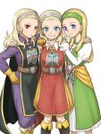  3girls anlucea arinsu_(kodamamaimai) belt blonde_hair blue_eyes blush dark_persona dragon_quest dragon_quest_x dragon_quest_xi earrings frown gloves green_hairband hairband hand_on_another&#039;s_shoulder jewelry long_hair multiple_girls rapier red_eyes senya_(dq11) smile sword tabard weapon white_background 