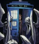  1boy blood blood_stain brown_hair curly_hair doctor_who hand_print koto_inari necktie police_box poster_(object) statue tardis tenth_doctor the_doctor weeping_angel 