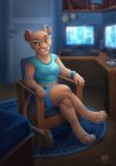  2019 4_toes 5_fingers anthro barefoot biped blue_bottomwear blue_clothing blue_eyes blue_rug blue_shorts blue_tank_top blue_topwear book bottomwear breasts brown_eyebrows chair circle_rug clock clothed clothing colored_nails computer computer_mouse cutoffs denim denim_clothing detailed_background digital_media_(artwork) digitigrade disney dolphydolphiana door eyebrows felid female fingers fully_clothed fur game_boy game_boy_family grey_nails humanoid_hands inner_ear_fluff lion mammal midriff monitor nails nala nintendo pantherine pattern_rug pink_nose relaxing rug shelves shirt shorts signature sitting snout solo tan_ears tan_fur tan_tail tank_top the_lion_king toes topwear video_games watch wood_floor wristwatch yellow_sclera 