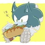  1:1 anthro blue_fur border claws clothing eating eulipotyphlan food footwear fur giant_food green_eyes hot_dog japanese_text male mammal shoes sikai simple_background sitting solo sonic_(series) sonic_the_werehog text were wereeulipotyphlan werehog white_border white_fur yellow_background 