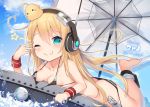  1girl ;) albacore_(azur_lane) animal animal_on_head azur_lane bangs barefoot bikini bird black_bikini blonde_hair blue_sky breast_press breasts chick cisyo closed_mouth cloud cloudy_sky commentary_request day eyebrows_visible_through_hair fang fang_out fingernails green_eyes hair_between_eyes happy_birthday headphones leg_up long_hair looking_at_viewer lying manjuu_(azur_lane) medium_breasts on_head on_stomach one_eye_closed outdoors parasol sky smile solo star striped striped_bikini_top sweatband swimsuit umbrella v_over_eye very_long_hair wristband 
