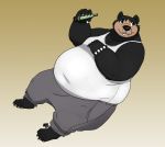  anthro bangabear belly black_bear black_fur bottle bracelet brown_fur claws clothed clothing fur hand_on_chest holding_bottle holding_object jewelry male mammal open_mouth overweight overweight_male solo toe_claws ursid ursine 