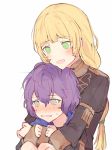  2girls bernadetta_von_varley blonde_hair blush epaulettes fire_emblem fire_emblem:_three_houses garreg_mach_monastery_uniform green_eyes grey_eyes hug hug_from_behind ingrid_brandol_galatea kvlen long_hair long_sleeves multiple_girls open_mouth purple_hair short_hair simple_background uniform white_background 