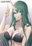  1girl absurdres arknights artist_name bangs bare_shoulders black_bra bra breasts cleavage green_eyes green_hair hair_between_eyes henz_(86551650) highres horn hoshiguma_(arknights) index_finger_raised large_breasts long_hair looking_at_viewer oni_horns open_mouth sidelocks skindentation solo toned underwear upper_body 