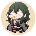  1girl armor black_cape blue_hair byleth_(fire_emblem) byleth_(fire_emblem)_(female) cape chibi eating fire_emblem fire_emblem:_three_houses food highres holding holding_food medium_hair nakabayashi_zun simple_background solo 