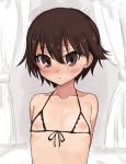  1girl black_bra blush bra breasts brown_eyes brown_hair closed_mouth collarbone eyebrows_visible_through_hair girls_und_panzer highres isobe_noriko lingerie looking_at_viewer nippleless_clothes nipples shiny shiny_hair shiny_skin short_hair small_breasts solo sweat toku_(yhpv8752) underwear upper_body 