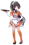  1girl alternate_costume alternate_hairstyle apron black_hair dress elbow_gloves fish frilled_apron frilled_dress frilled_legwear frills full_body gloves isokaze_(kantai_collection) kantai_collection long_hair looking_at_viewer maid maid_headdress odawara_hakone orange_dress orange_legwear ponytail red_eyes saury simple_background smile solo sparkle thighhighs tray waist_apron waitress white_apron white_background white_gloves 