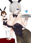  2girls animal_ears arm_support black_leotard blue_eyes breast_envy breasts bunny_ears bunnysuit chibi cleavage closed_mouth collarbone covered_navel detached_collar drink embarrassed eyebrows_visible_through_hair fake_animal_ears hair_ornament hair_over_one_eye hairclip hamakaze_(kantai_collection) highres kantai_collection kusaka_souji large_breasts leotard looking_at_viewer multiple_girls pantyhose short_hair silver_hair simple_background sketch smile solo_focus tanikaze_(kantai_collection) thighband_pantyhose thighhighs tray upper_body white_background wrist_cuffs 