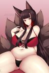  1girl akagi_(azur_lane) alina_pegova animal_ears azur_lane bangs bikini breasts brown_hair cleavage closed_mouth commission eyebrows_visible_through_hair fox_ears fox_tail hair_over_breasts large_breasts long_hair looking_at_viewer multiple_tails navel pinup red_eyes sitting smile solo stomach swimsuit tail thick_thighs thighs underwear watermark web_address 