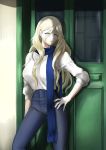  1girl blonde_hair blue_eyes blue_scarf commentary_request denim doorway feet_out_of_frame green_background hair_between_eyes high-waist_pants highres jeans kantai_collection long_hair long_sleeves mrdotd open_mouth pants richelieu_(kantai_collection) scarf shirt wall white_shirt yellow_background 