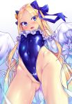  1girl abigail_williams_(fate/grand_order) ass_visible_through_thighs bangs bare_shoulders black_bow blonde_hair blue_eyes blue_ribbon blue_swimsuit blush bow breasts cosplay covered_navel eyes_visible_through_hair fate/grand_order fate_(series) forehead frills hair_bow hair_ribbon highleg highleg_swimsuit highres long_hair long_sleeves looking_at_viewer meltryllis meltryllis_(swimsuit_lancer)_(fate) meltryllis_(swimsuit_lancer)_(fate)_(cosplay) one-piece_swimsuit open_mouth orange_bow parted_bangs polka_dot polka_dot_bow puffy_sleeves ribbon sleeves_past_fingers sleeves_past_wrists small_breasts smile solo swimsuit thighs toraishi_666 