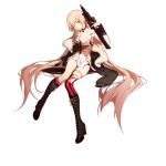  1girl ask_(askzy) assault_rifle bangs bare_shoulders blonde_hair boots breasts choker closed_mouth collarbone eyebrows_visible_through_hair full_body girls_frontline gun holding holding_gun holding_weapon jewelry knee_boots long_hair looking_at_viewer necklace official_art one_eye_closed ots-14 ots-14_(girls_frontline) rifle shoelaces sitting skirt small_breasts solo star star_necklace striped striped_legwear thigh_strap torn_clothes torn_legwear transparent_background very_long_hair weapon white_skirt yellow_eyes 