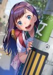  1girl :d aqua_eyes backpack bag bangs gym_uniform hairband highres long_hair looking_at_viewer open_mouth original outdoors pairan purple_hair randoseru smile solo teeth utility_pole 