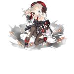  1girl ankle_boots bangs beret black_gloves black_legwear blonde_hair blue_eyes blush boots braid cloak closed_mouth collared_dress dress explosion expressionless fingerless_gloves floating_hair full_body girls_frontline gloves gun h&amp;k_mp5 hat heckler_&amp;_koch holding holding_gun holding_weapon holster long_hair looking_at_viewer mod3_(girls_frontline) mp5_(girls_frontline) necktie off_shoulder official_art one_eye_closed one_knee outstretched_arm pantyhose ribbon saru serious sidelocks sleeveless sleeveless_dress solo submachine_gun thigh_holster thigh_strap torn_clothes torn_legwear transparent_background trigger_discipline weapon white_hair wind wiping_face 