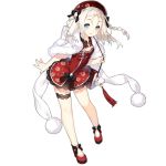  1girl :d alternate_costume bag blue_eyes blush braid breasts china_dress chinese_clothes cleavage dress full_body fur_trim girls_frontline hat holding leg_strap long_hair looking_at_viewer mp5_(girls_frontline) official_art open_mouth red_dress red_footwear ribbon saru shoulder_bag silver_hair small_breasts smile solo standing tassel transparent_background white_coat 