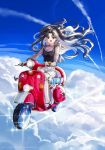  1girl bangs black_shirt blue_sky breasts earrings fate/grand_order fate_(series) flying ground_vehicle high_heels highres hoop_earrings ishtar_(fate/grand_order) jewelry long_hair looking_at_viewer motor_vehicle open_mouth parted_bangs pig red_eyes scooter shirt skirt sky smile sparkle two_side_up white_skirt yaoshi_jun 