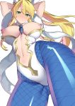  1girl animal_ears armpits arms_behind_head arms_up artoria_pendragon_(all) artoria_pendragon_(swimsuit_ruler)_(fate) bangs blonde_hair blue_legwear blue_neckwear blush braid breasts breasts_outside bunny_ears bunnysuit closed_mouth detached_collar fate/grand_order fate_(series) feather_boa fishnets french_braid from_below green_eyes highleg highleg_leotard large_breasts leotard long_hair looking_at_viewer navel navel_cutout nipples ponytail shayo sidelocks simple_background solo tiara white_background white_leotard 