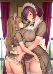  2girls after_kiss ass bra breasts brown_hair commentary_request cowboy_shot dress hair_bun hands_on_ass indoors large_breasts long_hair maid masami_chie midriff multiple_girls original panties purple_eyes purple_hair saliva saliva_trail see-through small_breasts thighhighs underwear white_bra white_legwear white_panties yellow_eyes 