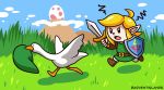  1boy adventislands angry blonde_hair chasing chibi goose_(untitled_goose_game) hat highres link mountain pointy_ears shield sword the_legend_of_zelda the_legend_of_zelda:_link&#039;s_awakening untitled_goose_game weapon 