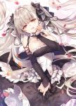  1girl :d azur_lane bangs bare_shoulders between_breasts black_dress blush breasts cleavage cowboy_shot dress earrings eyebrows_visible_through_hair finger_to_mouth floating_hair formidable_(azur_lane) frilled_dress frills grey_hair hair_ribbon head_tilt jewelry large_breasts long_hair long_sleeves looking_at_viewer open_mouth petals red_eyes ribbon riichu skirt_hold smile solo twintails two-tone_dress very_long_hair 
