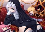  1girl arm_strap ass bangs black_dress black_legwear blue_eyes blush braid breasts chain character_doll closed_mouth cross_(weapon) dress ekusufeito eyebrows_visible_through_hair gloves habit hair_between_eyes honkai_(series) honkai_impact_3rd kallen_kaslana large_breasts long_hair looking_at_viewer looking_back lying nun on_stomach otto_apocalypse silver_hair single_braid smile solo thighhighs white_gloves yae_sakura 