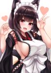  1girl :d absurdres animal_ear_fluff animal_ears apron azur_lane bangs beige_background bell black_hair blunt_bangs blush breasts cat_ears cat_tail eyebrows_visible_through_hair fang gradient gradient_background heart highres japanese_clothes large_breasts looking_at_viewer maid_headdress open_mouth red_eyes ryara_vivi short_hair sideboob smile solo tail tail_bell v white_apron white_background wide_sleeves yamashiro_(azur_lane) 
