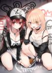  2girls :d arm_under_breasts bangs baseball_cap black_choker black_footwear black_headwear black_jacket blush breast_hold breasts brown_eyes camisole choker cleavage closed_mouth commentary_request dog_tags earrings eyebrows_visible_through_hair fang fingernails glowing graffiti grey_camisole hair_between_eyes hat highres hood hood_down hooded_jacket jacket jewelry kneeling large_breasts light_brown_hair long_sleeves medium_breasts multiple_girls one_knee open_clothes open_jacket open_mouth original piripun red_eyes red_hair shirt shoes sleeves_past_wrists smile sneakers strap_slip sweat white_shirt 