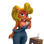  1:1 2019 3d_(artwork) activision alpha_channel anthro bandicoot beverage big_breasts black_nose blender_(software) blonde_hair breasts clothed clothing coco_bandicoot crash_bandicoot_(series) cup digital_media_(artwork) eyeshadow female flower fur green_eyes hair hi_res hot_chocolate lipstick long_hair looking_at_viewer makeup mammal marsupial nipples overalls plant simple_background small_waist solo table tahlian thick_thighs topless transparent_background undressing video_games wide_hips 