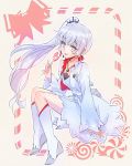  1girl blue_eyes boots candy commentary_request dress earrings food hair_ornament high_heel_boots high_heels highres iesupa jacket jewelry knee_boots lollipop long_hair necklace ponytail rwby scar scar_across_eye solo tongue tongue_out weiss_schnee white_dress white_footwear white_hair 