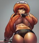  1girl absurdres black_gloves black_shorts breasts brown_eyes brown_hair closed_mouth curvy english_commentary fingerless_gloves from_below gloves grey_background guilty_gear guilty_gear_2020 highres holding holding_weapon huge_breasts lifted_by_self looking_down may_(guilty_gear) navel no_bra orange_headwear orange_hoodie orange_shirt ph_draw shirt short_shorts shorts skull_and_crossbones smile stomach thick_thighs thighs underboob weapon 