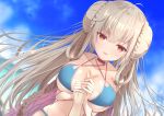  1girl :d ahoge alternate_costume azur_lane bangs bikini blue_bikini blue_sky blush braid breasts choker cleavage day double_bun dutch_angle formidable_(azur_lane) formidable_(the_lady_of_the_beach)_(azur_lane) highres holding_hands large_breasts light_brown_hair loli_ta1582 long_hair looking_at_viewer navel open_mouth outdoors pov red_eyes sidelocks sky smile solo_focus swimsuit very_long_hair 